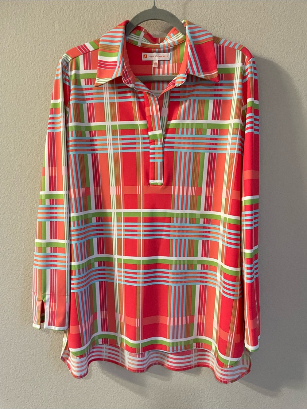 Jude Connally Hadley Island Colorful Plaid Long Blouse Size XL